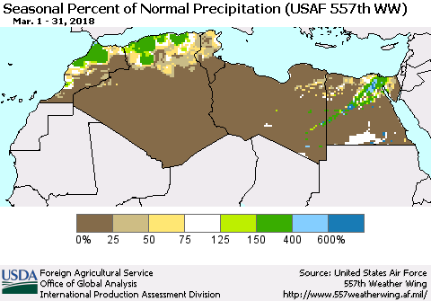 North Africa Seasonal Percent of Normal Precipitation (USAF 557th WW) Thematic Map For 3/1/2018 - 3/31/2018