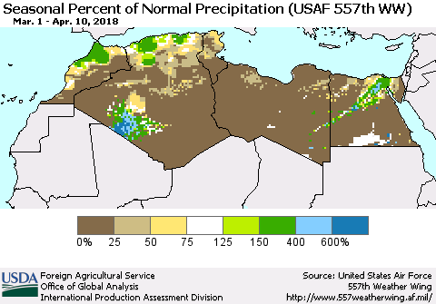 North Africa Seasonal Percent of Normal Precipitation (USAF 557th WW) Thematic Map For 3/1/2018 - 4/10/2018