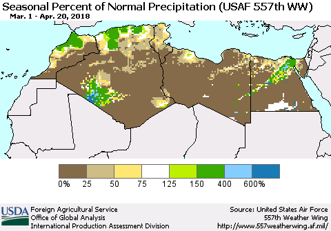 North Africa Seasonal Percent of Normal Precipitation (USAF 557th WW) Thematic Map For 3/1/2018 - 4/20/2018