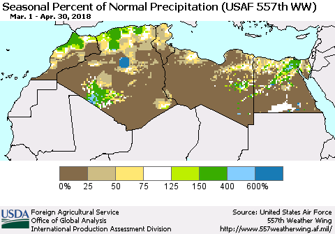 North Africa Seasonal Percent of Normal Precipitation (USAF 557th WW) Thematic Map For 3/1/2018 - 4/30/2018