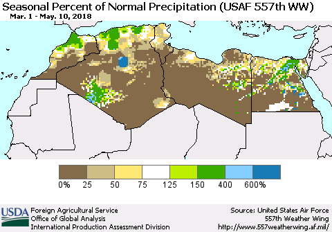 North Africa Seasonal Percent of Normal Precipitation (USAF 557th WW) Thematic Map For 3/1/2018 - 5/10/2018