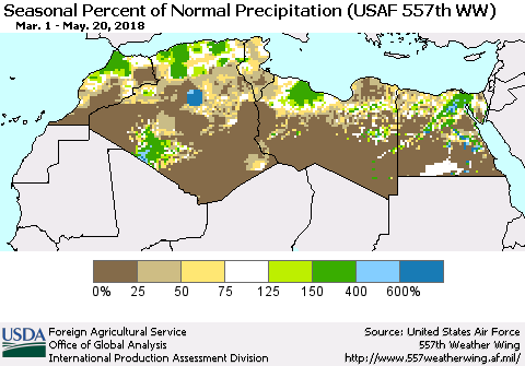 North Africa Seasonal Percent of Normal Precipitation (USAF 557th WW) Thematic Map For 3/1/2018 - 5/20/2018