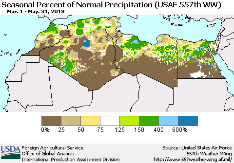 North Africa Seasonal Percent of Normal Precipitation (USAF 557th WW) Thematic Map For 3/1/2018 - 5/31/2018