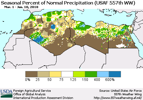 North Africa Seasonal Percent of Normal Precipitation (USAF 557th WW) Thematic Map For 3/1/2018 - 6/10/2018