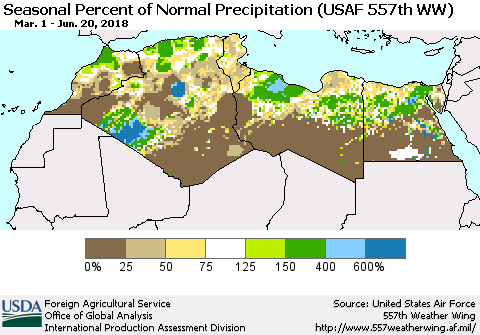 North Africa Seasonal Percent of Normal Precipitation (USAF 557th WW) Thematic Map For 3/1/2018 - 6/20/2018