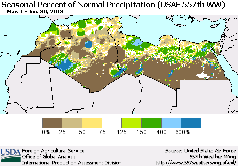 North Africa Seasonal Percent of Normal Precipitation (USAF 557th WW) Thematic Map For 3/1/2018 - 6/30/2018