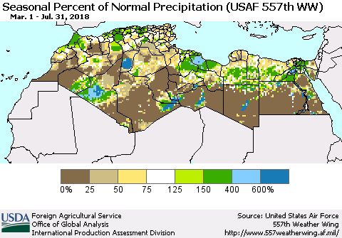 North Africa Seasonal Percent of Normal Precipitation (USAF 557th WW) Thematic Map For 3/1/2018 - 7/31/2018