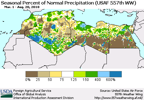 North Africa Seasonal Percent of Normal Precipitation (USAF 557th WW) Thematic Map For 3/1/2018 - 8/20/2018