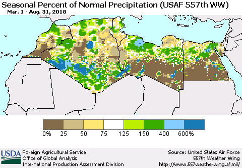 North Africa Seasonal Percent of Normal Precipitation (USAF 557th WW) Thematic Map For 3/1/2018 - 8/31/2018