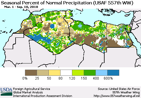 North Africa Seasonal Percent of Normal Precipitation (USAF 557th WW) Thematic Map For 3/1/2018 - 9/10/2018