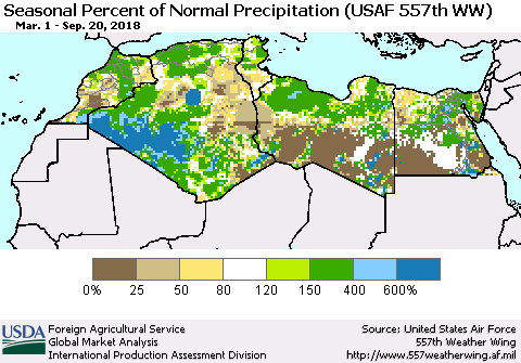North Africa Seasonal Percent of Normal Precipitation (USAF 557th WW) Thematic Map For 3/1/2018 - 9/20/2018