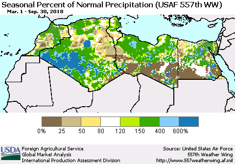 North Africa Seasonal Percent of Normal Precipitation (USAF 557th WW) Thematic Map For 3/1/2018 - 9/30/2018