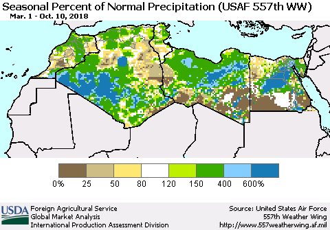 North Africa Seasonal Percent of Normal Precipitation (USAF 557th WW) Thematic Map For 3/1/2018 - 10/10/2018