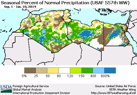 North Africa Seasonal Percent of Normal Precipitation (USAF 557th WW) Thematic Map For 9/1/2018 - 1/10/2019