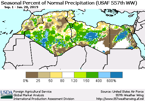 North Africa Seasonal Percent of Normal Precipitation (USAF 557th WW) Thematic Map For 9/1/2018 - 1/20/2019