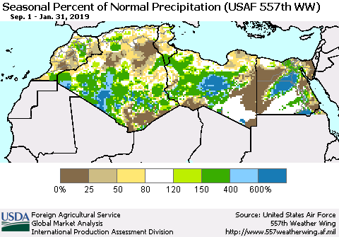 North Africa Seasonal Percent of Normal Precipitation (USAF 557th WW) Thematic Map For 9/1/2018 - 1/31/2019