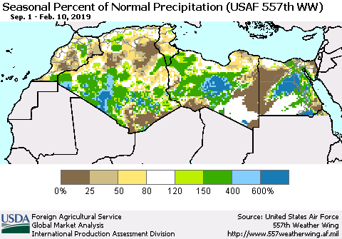 North Africa Seasonal Percent of Normal Precipitation (USAF 557th WW) Thematic Map For 9/1/2018 - 2/10/2019