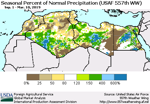 North Africa Seasonal Percent of Normal Precipitation (USAF 557th WW) Thematic Map For 9/1/2018 - 3/10/2019
