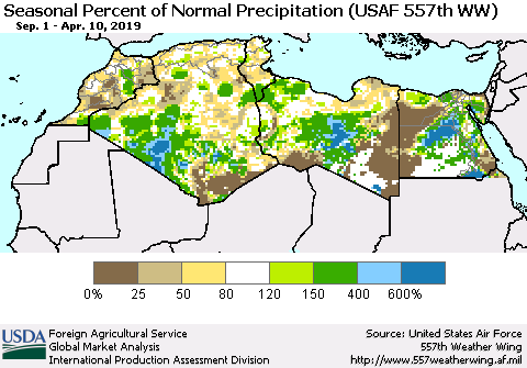 North Africa Seasonal Percent of Normal Precipitation (USAF 557th WW) Thematic Map For 9/1/2018 - 4/10/2019