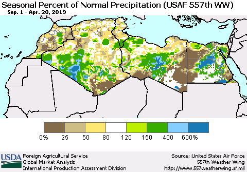 North Africa Seasonal Percent of Normal Precipitation (USAF 557th WW) Thematic Map For 9/1/2018 - 4/20/2019