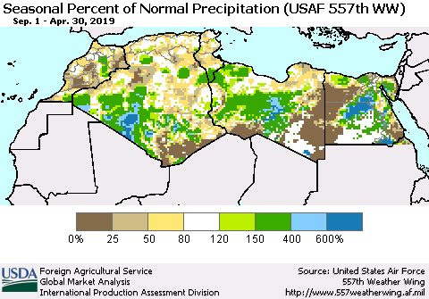 North Africa Seasonal Percent of Normal Precipitation (USAF 557th WW) Thematic Map For 9/1/2018 - 4/30/2019