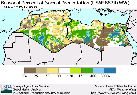 North Africa Seasonal Percent of Normal Precipitation (USAF 557th WW) Thematic Map For 9/1/2018 - 5/10/2019