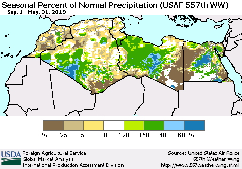 North Africa Seasonal Percent of Normal Precipitation (USAF 557th WW) Thematic Map For 9/1/2018 - 5/31/2019