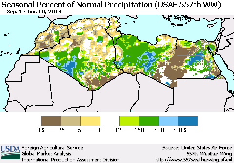 North Africa Seasonal Percent of Normal Precipitation (USAF 557th WW) Thematic Map For 9/1/2018 - 6/10/2019