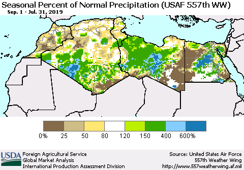 North Africa Seasonal Percent of Normal Precipitation (USAF 557th WW) Thematic Map For 9/1/2018 - 7/31/2019