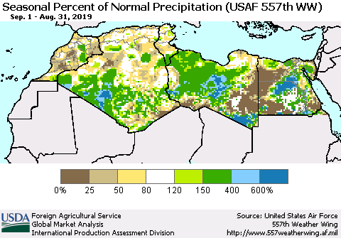 North Africa Seasonal Percent of Normal Precipitation (USAF 557th WW) Thematic Map For 9/1/2018 - 8/31/2019