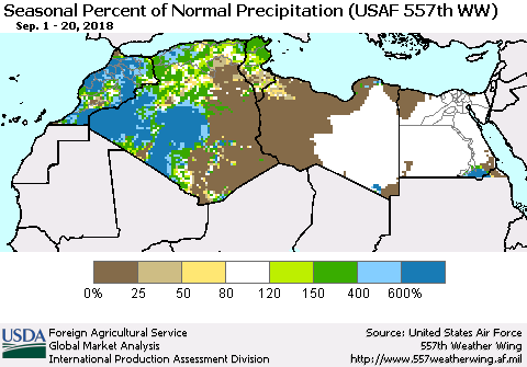 North Africa Seasonal Percent of Normal Precipitation (USAF 557th WW) Thematic Map For 9/1/2018 - 9/20/2018