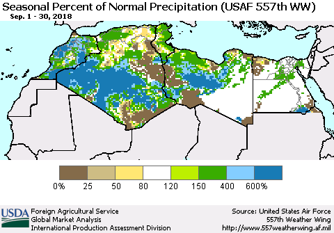 North Africa Seasonal Percent of Normal Precipitation (USAF 557th WW) Thematic Map For 9/1/2018 - 9/30/2018