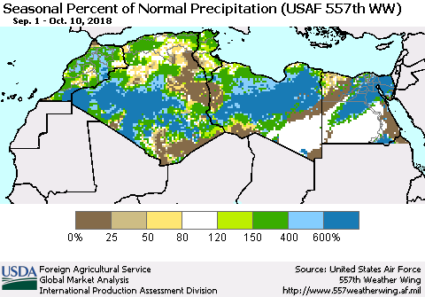 North Africa Seasonal Percent of Normal Precipitation (USAF 557th WW) Thematic Map For 9/1/2018 - 10/10/2018