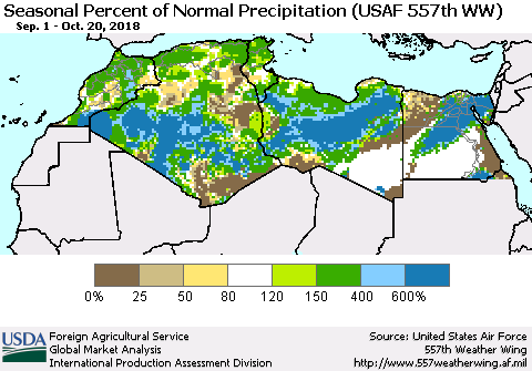 North Africa Seasonal Percent of Normal Precipitation (USAF 557th WW) Thematic Map For 9/1/2018 - 10/20/2018