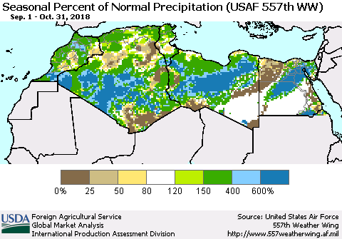 North Africa Seasonal Percent of Normal Precipitation (USAF 557th WW) Thematic Map For 9/1/2018 - 10/31/2018