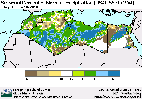 North Africa Seasonal Percent of Normal Precipitation (USAF 557th WW) Thematic Map For 9/1/2018 - 11/10/2018
