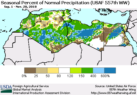 North Africa Seasonal Percent of Normal Precipitation (USAF 557th WW) Thematic Map For 9/1/2018 - 11/20/2018