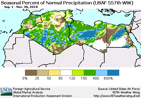 North Africa Seasonal Percent of Normal Precipitation (USAF 557th WW) Thematic Map For 9/1/2018 - 11/30/2018
