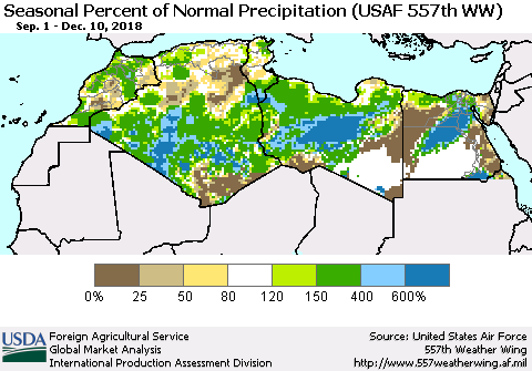 North Africa Seasonal Percent of Normal Precipitation (USAF 557th WW) Thematic Map For 9/1/2018 - 12/10/2018