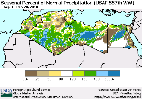 North Africa Seasonal Percent of Normal Precipitation (USAF 557th WW) Thematic Map For 9/1/2018 - 12/20/2018
