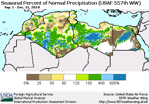 North Africa Seasonal Percent of Normal Precipitation (USAF 557th WW) Thematic Map For 9/1/2018 - 12/31/2018