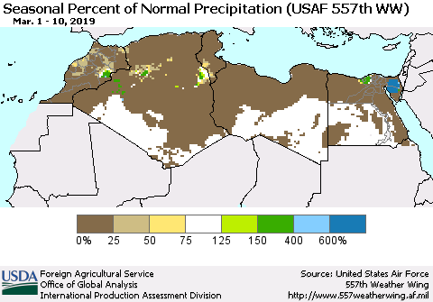 North Africa Seasonal Percent of Normal Precipitation (USAF 557th WW) Thematic Map For 3/1/2019 - 3/10/2019