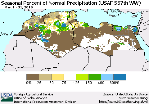 North Africa Seasonal Percent of Normal Precipitation (USAF 557th WW) Thematic Map For 3/1/2019 - 3/31/2019