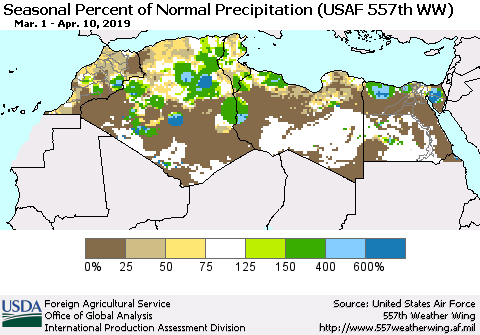 North Africa Seasonal Percent of Normal Precipitation (USAF 557th WW) Thematic Map For 3/1/2019 - 4/10/2019