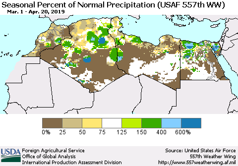 North Africa Seasonal Percent of Normal Precipitation (USAF 557th WW) Thematic Map For 3/1/2019 - 4/20/2019