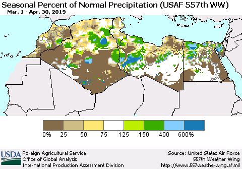 North Africa Seasonal Percent of Normal Precipitation (USAF 557th WW) Thematic Map For 3/1/2019 - 4/30/2019