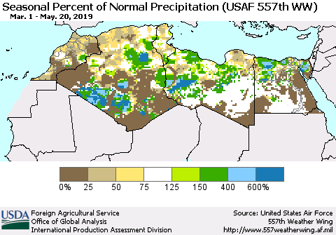 North Africa Seasonal Percent of Normal Precipitation (USAF 557th WW) Thematic Map For 3/1/2019 - 5/20/2019
