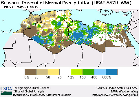 North Africa Seasonal Percent of Normal Precipitation (USAF 557th WW) Thematic Map For 3/1/2019 - 5/31/2019