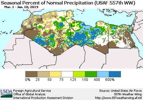 North Africa Seasonal Percent of Normal Precipitation (USAF 557th WW) Thematic Map For 3/1/2019 - 6/10/2019