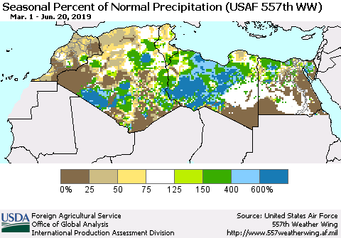 North Africa Seasonal Percent of Normal Precipitation (USAF 557th WW) Thematic Map For 3/1/2019 - 6/20/2019